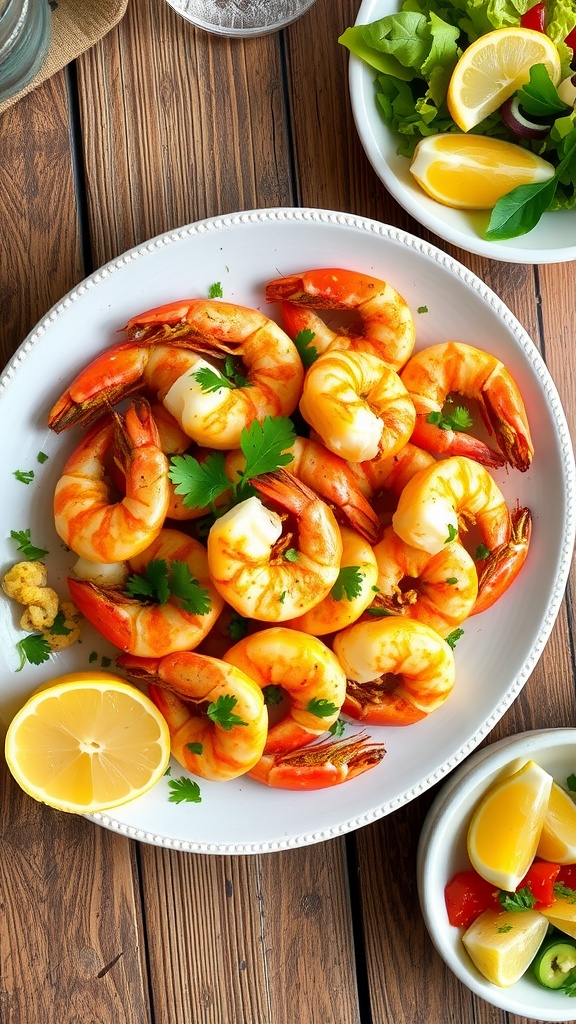 Garlic shrimp served with lemon and fresh parsley on a rustic wooden table.